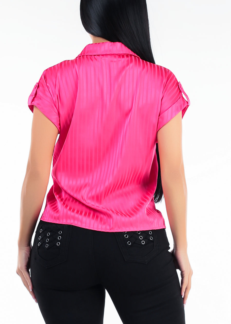 Satin Short Sleeve Stripe Collared Blouse Hot Pink