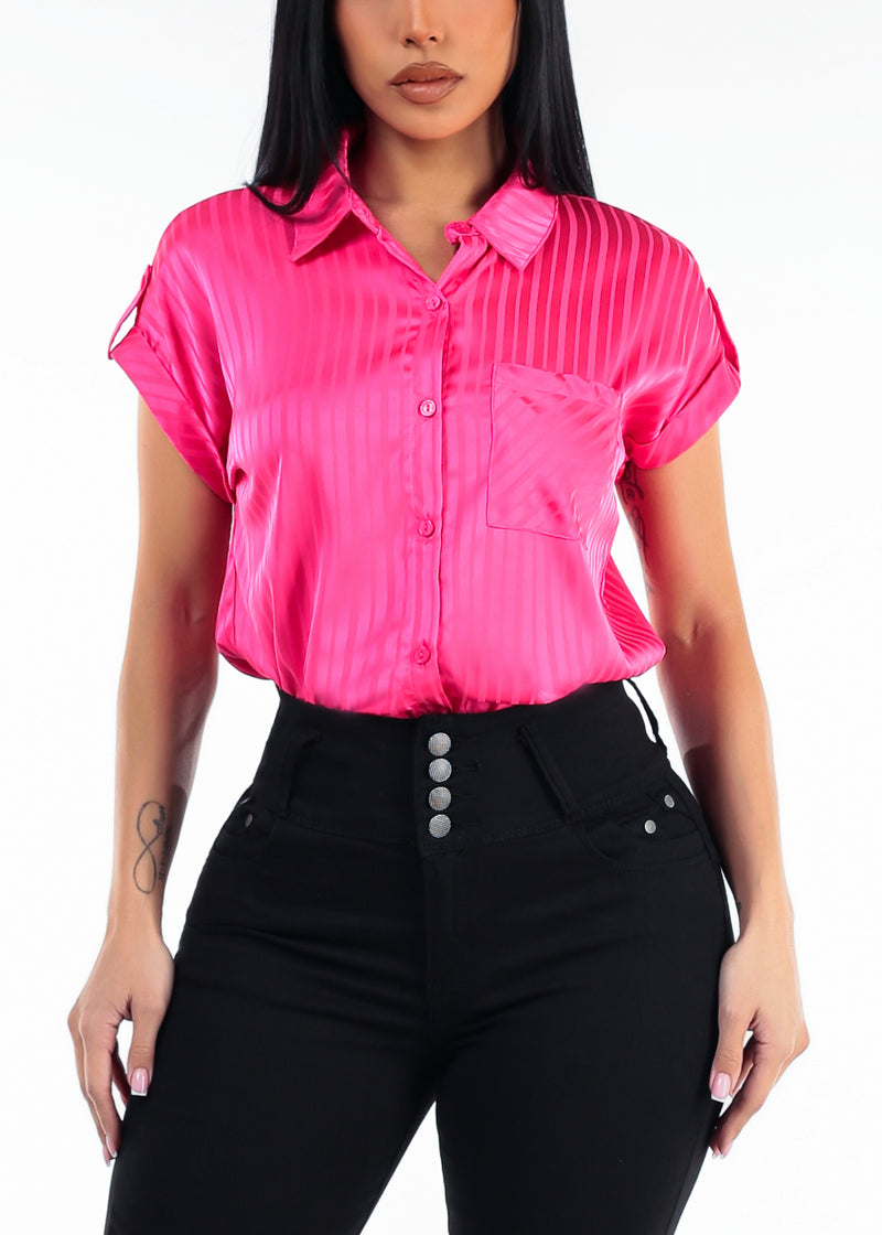 Satin Short Sleeve Stripe Collared Blouse Hot Pink