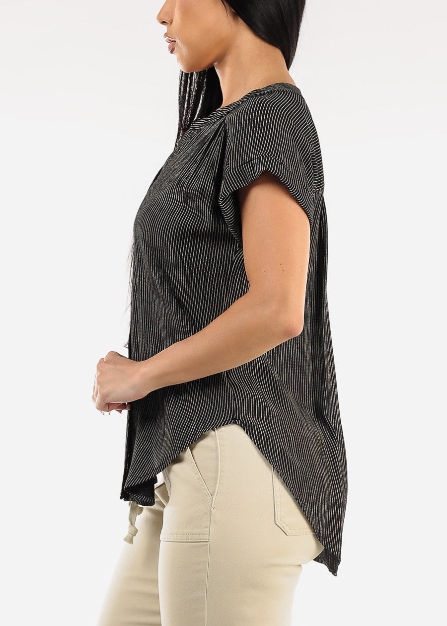 Short Sleeve Vneck High Low Stripe Blouse Black