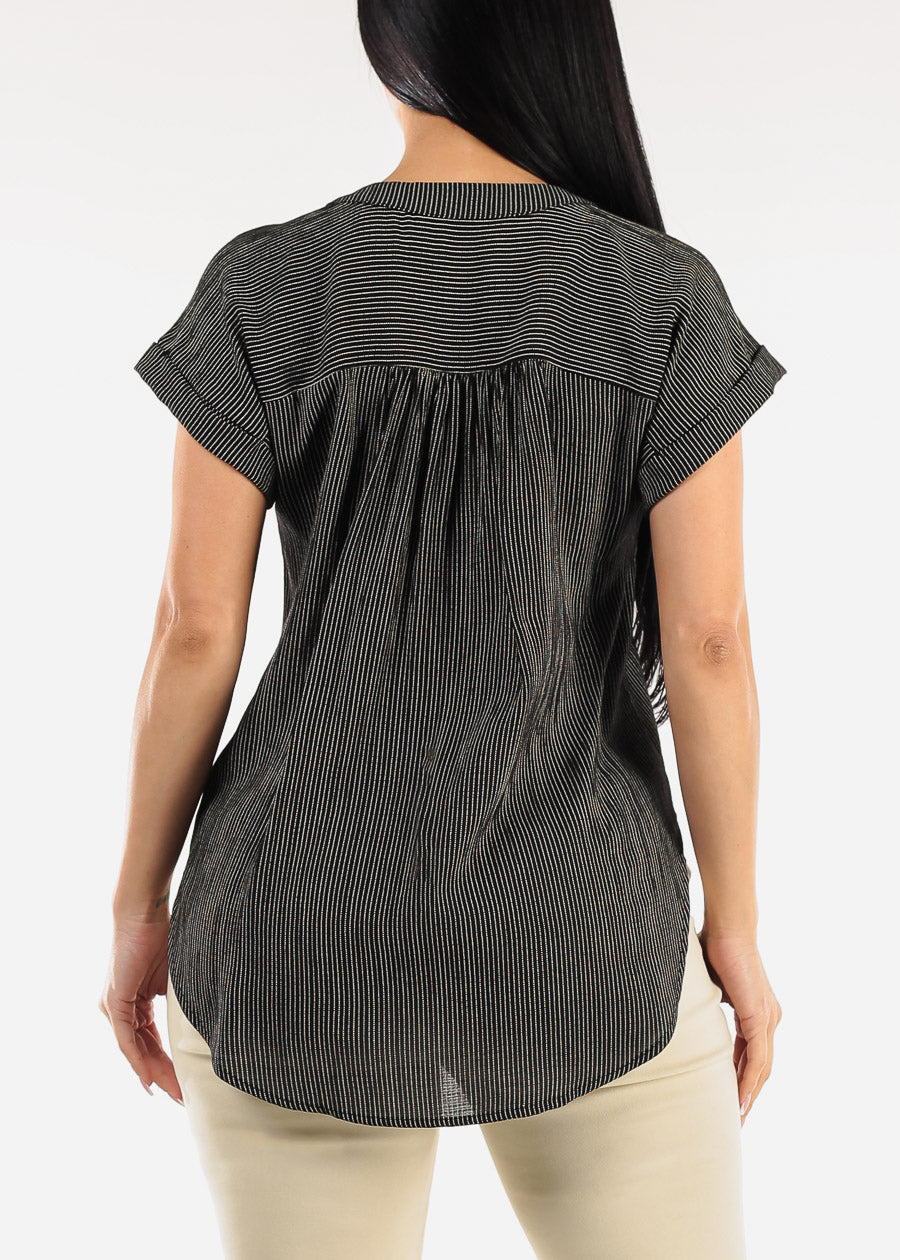 Short Sleeve Vneck High Low Stripe Blouse Black