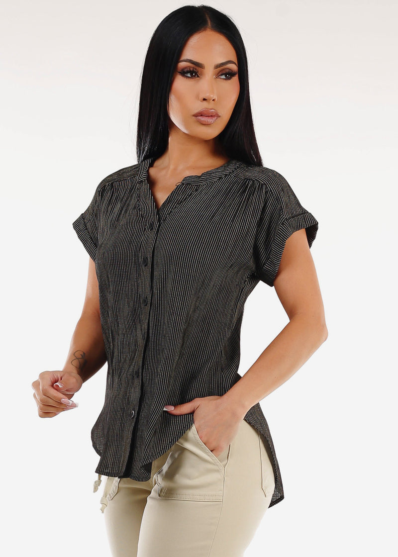 Short Sleeve Vneck High Low Stripe Blouse Black