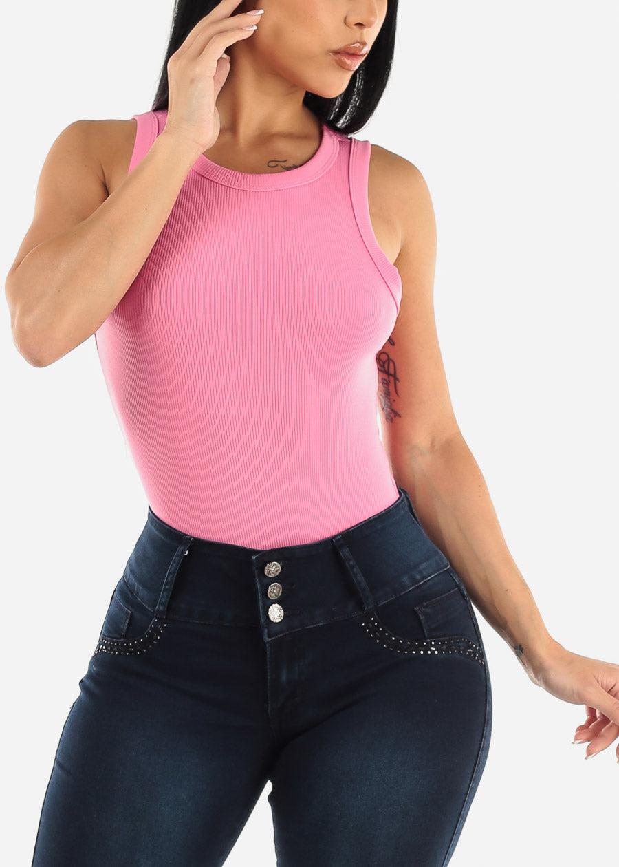 Sleeveless Crewneck Thong Bodysuit Pink