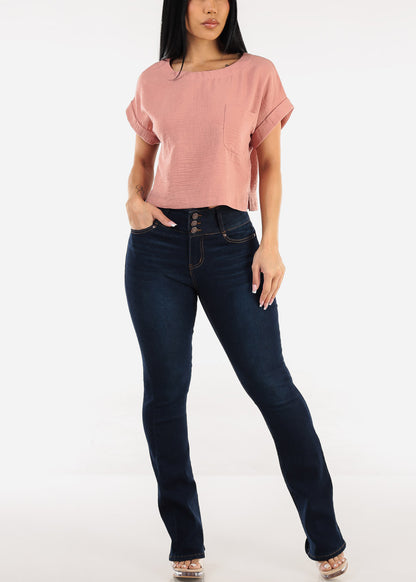 Short Dolman Sleeve Round Neck Linen Crop Top Rose