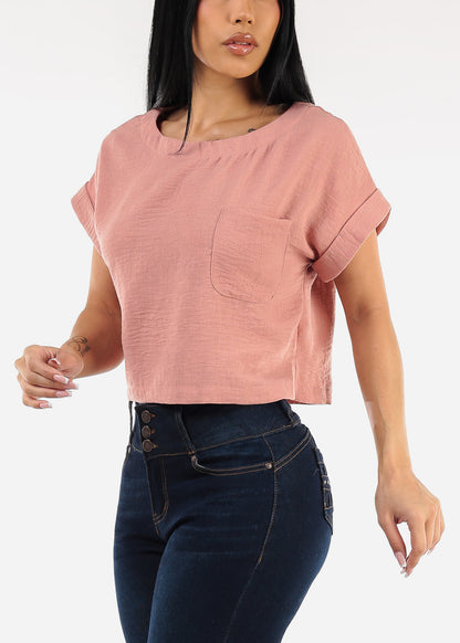 Short Dolman Sleeve Round Neck Linen Crop Top Rose