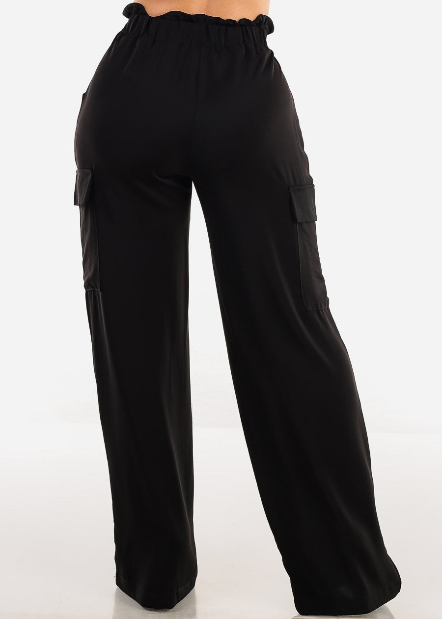 Black High Drawstring Waist Wide Leg Cargo Pants