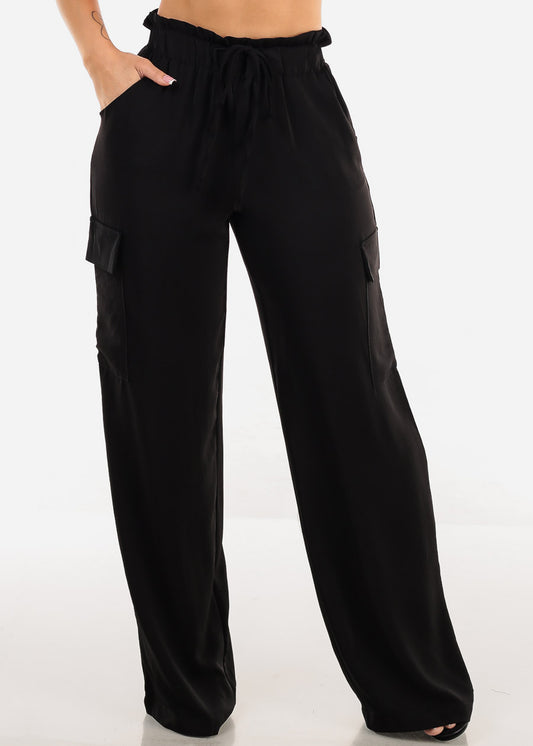 Black High Drawstring Waist Wide Leg Cargo Pants