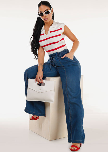 Sleeveless Stripe Polo Shirt White & Red