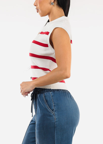 Sleeveless Stripe Polo Shirt White & Red