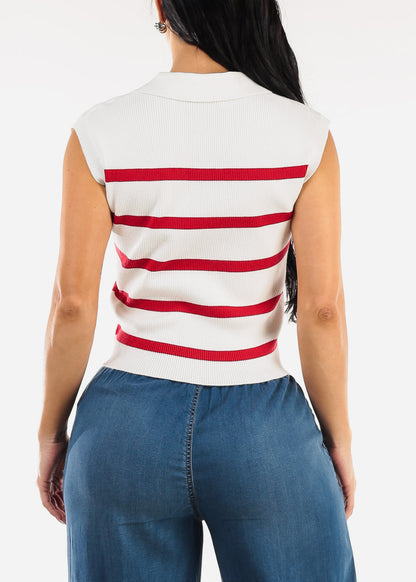 Sleeveless Stripe Polo Shirt White & Red