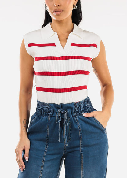 Sleeveless Stripe Polo Shirt White & Red