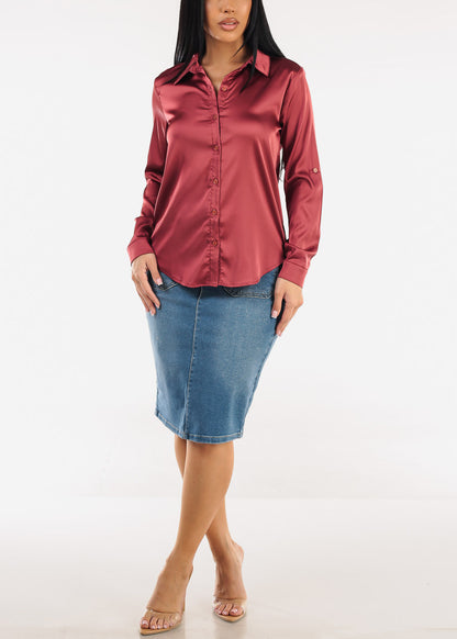 Long Sleeve Button Down Stretch Satin Blouse Brick