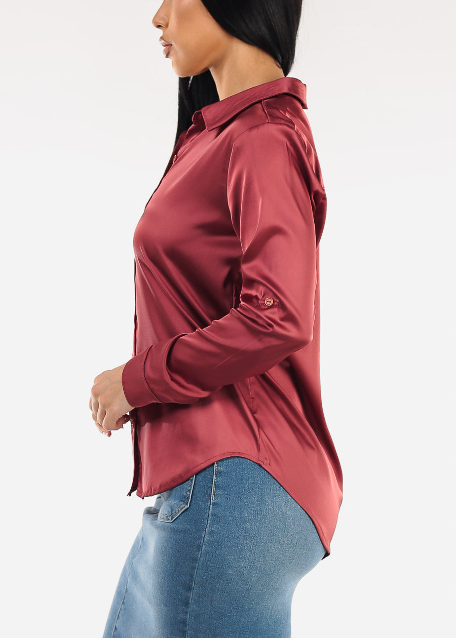 Long Sleeve Button Down Stretch Satin Blouse Brick