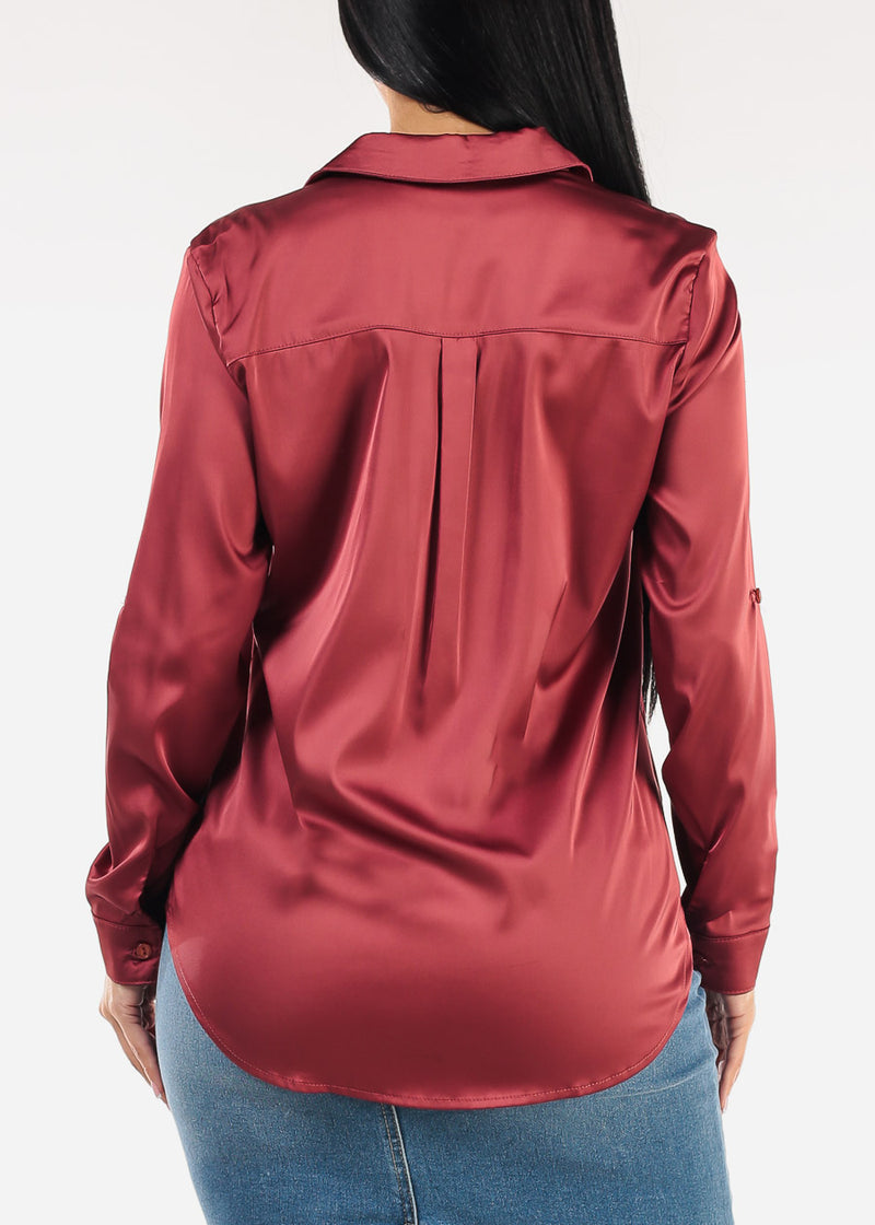 Long Sleeve Button Down Stretch Satin Blouse Brick