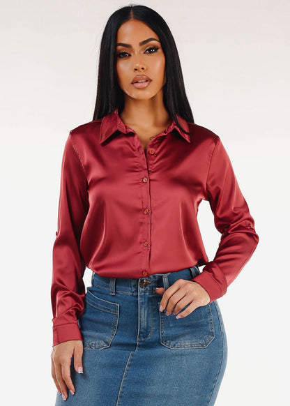 Long Sleeve Button Down Stretch Satin Blouse Brick