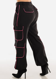 Black High Waist Cargo Jogger Pants w Neon Pink Trim
