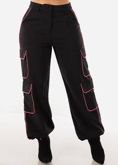 Black High Waist Cargo Jogger Pants w Neon Pink Trim