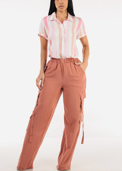 Short Sleeve Button Up Stripe Blouse Pink & Blush