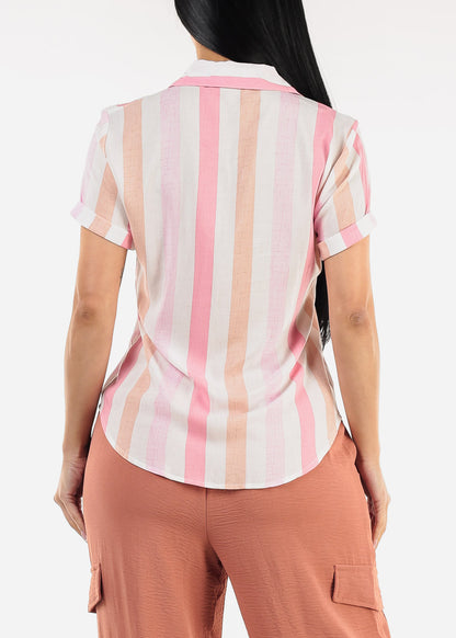 Short Sleeve Button Up Stripe Blouse Pink & Blush