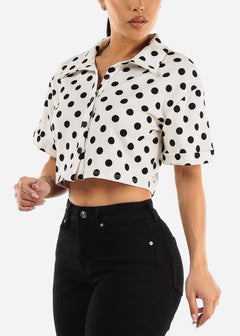 Short Sleeve Button Up Polka Dot Crop Top White