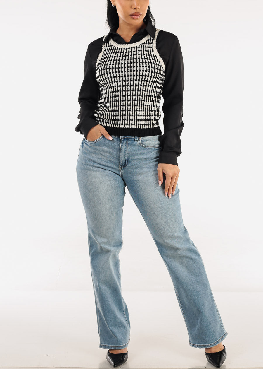 Long Sleeve Button Down Twill Collared Blouse Black