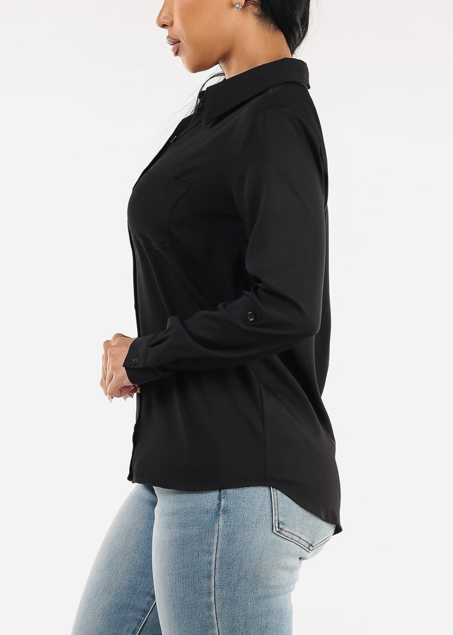 Long Sleeve Button Down Twill Collared Blouse Black