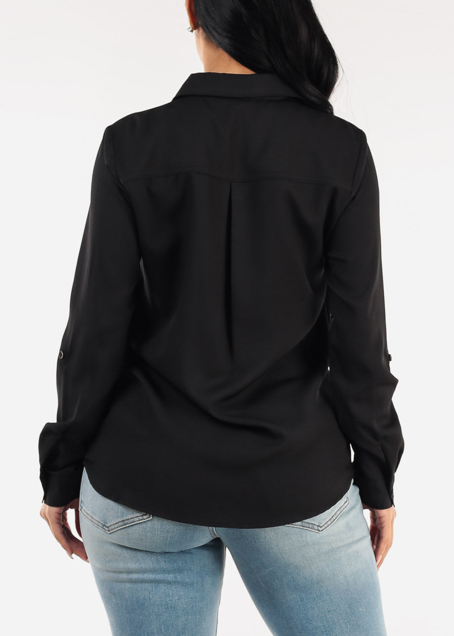 Long Sleeve Button Down Twill Collared Blouse Black