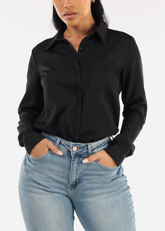 Long Sleeve Button Down Twill Collared Blouse Black