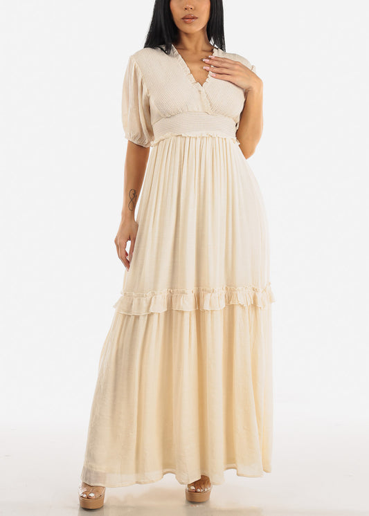 Short Sleeve Smocked Woven Maxi Dress Beige