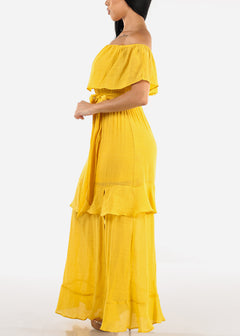 Off Shoulder Side Slit Maxi Dress Mustard