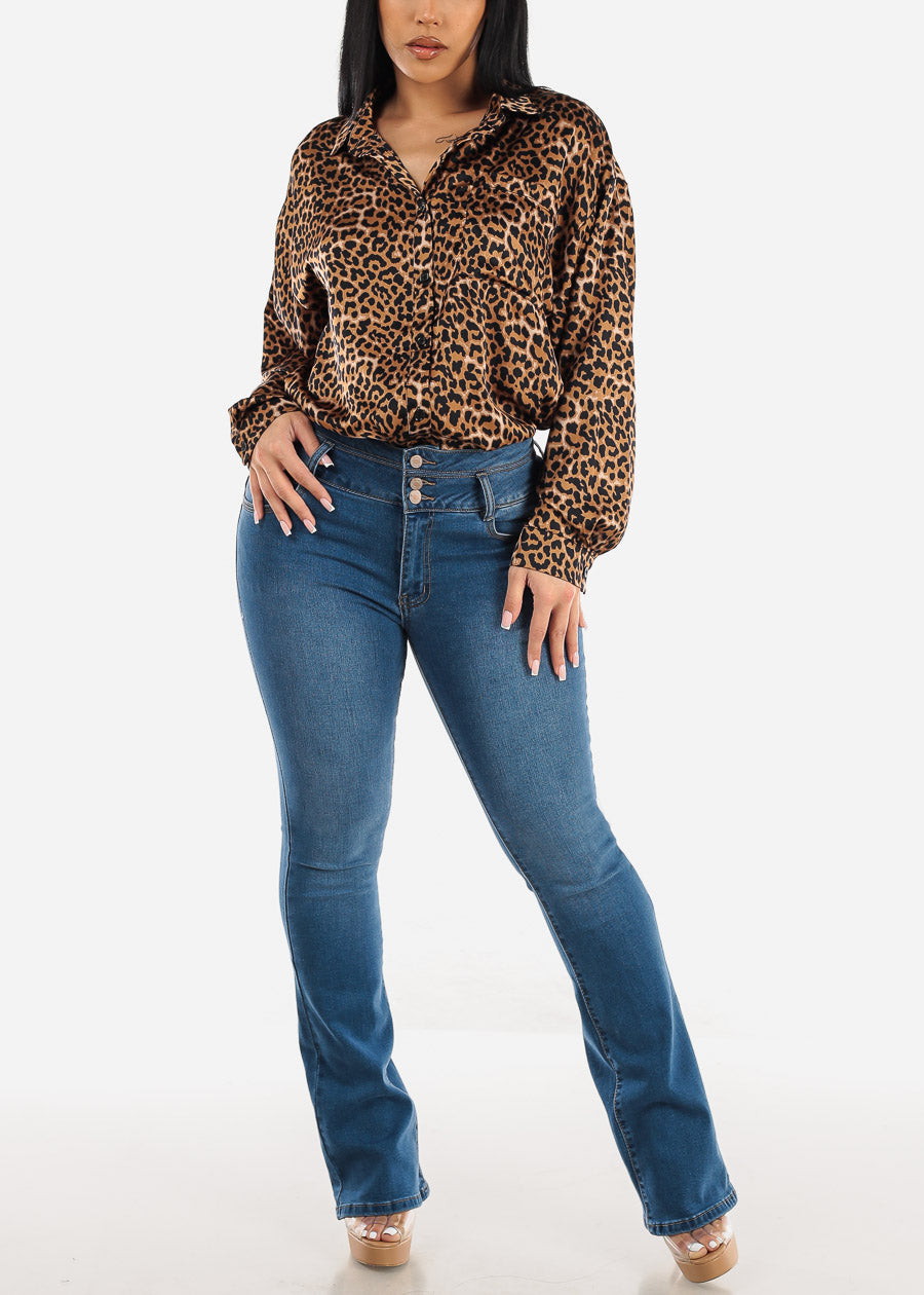 Satin Long Sleeve Animal Print Collared Blouse