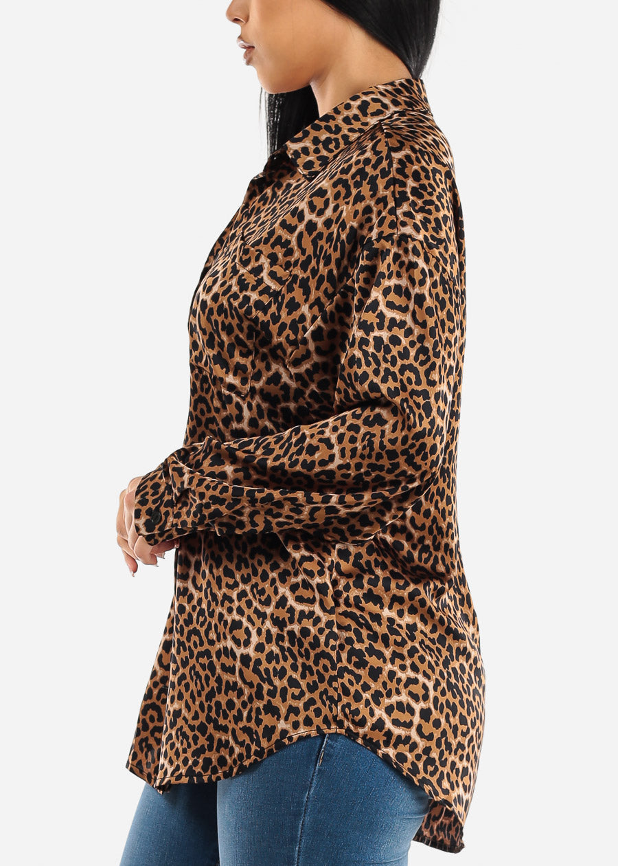 Satin Long Sleeve Animal Print Collared Blouse