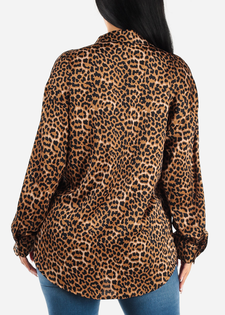 Satin Long Sleeve Animal Print Collared Blouse