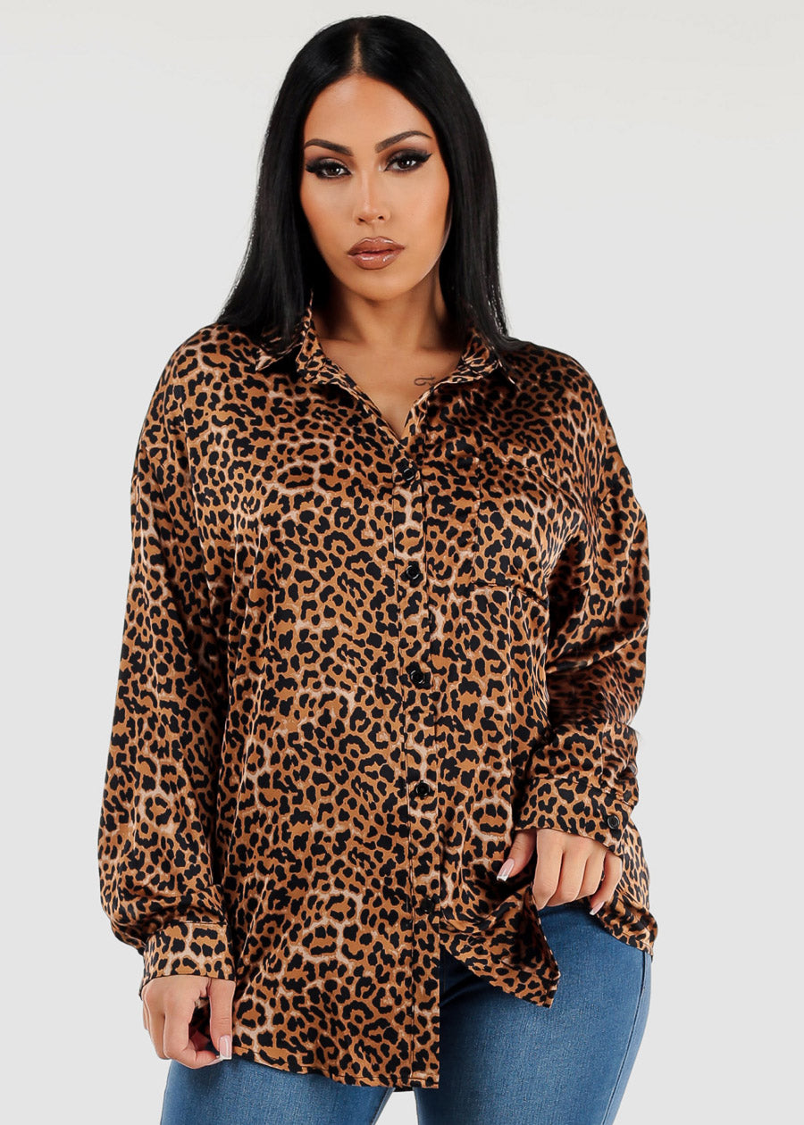 Satin Long Sleeve Animal Print Collared Blouse