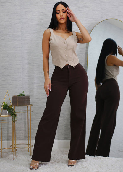 Sleeveless  Button Up Stripe Vest Top Beige