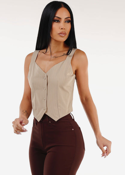 Sleeveless  Button Up Stripe Vest Top Beige