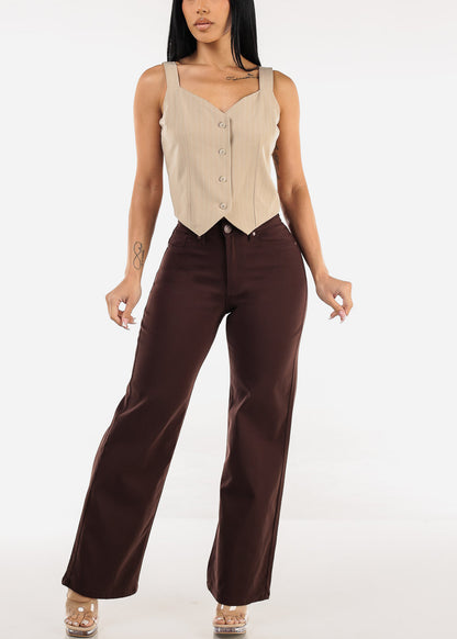 Sleeveless  Button Up Stripe Vest Top Beige