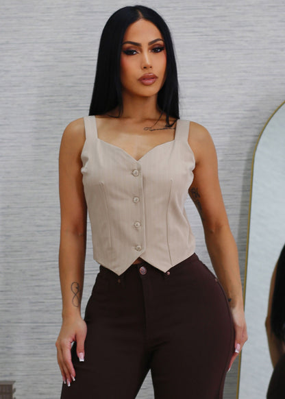 Sleeveless  Button Up Stripe Vest Top Beige
