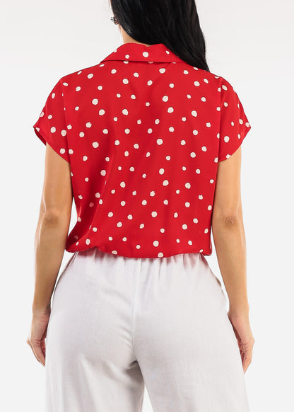 Short Sleeve Button Up Polka Dot Blouse Red