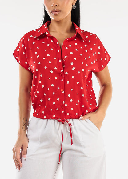 Short Sleeve Button Up Polka Dot Blouse Red