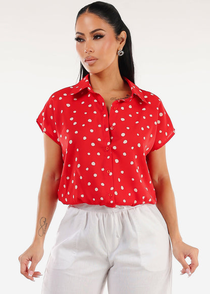 Short Sleeve Button Up Polka Dot Blouse Red