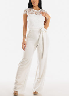 Short Sleeve Wide Legged Lace Jumpsuit Off White