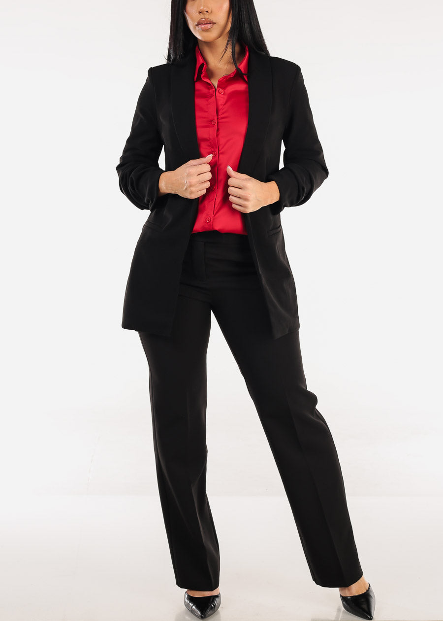 Long Sleeve Button Down Stretch Satin Blouse Red