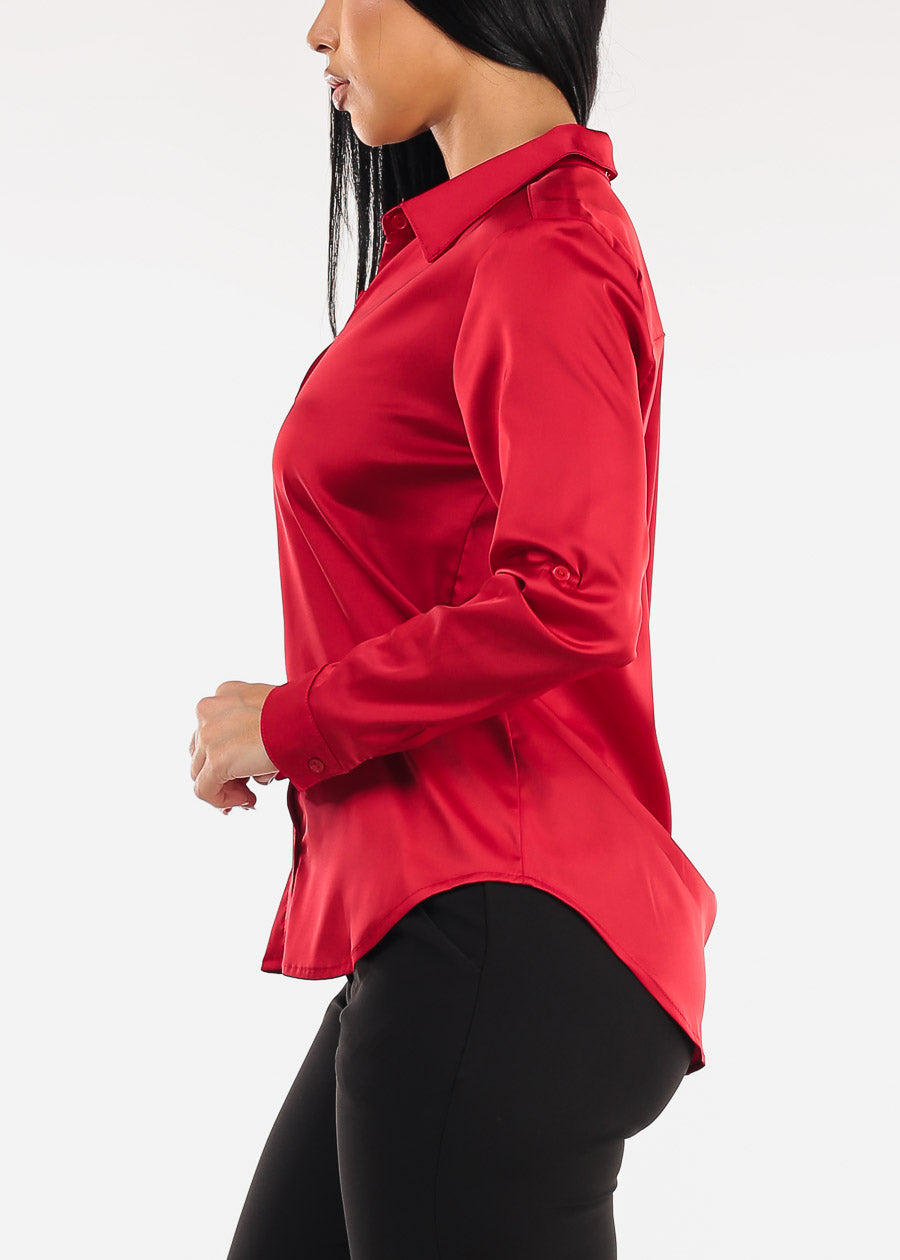 Long Sleeve Button Down Stretch Satin Blouse Red