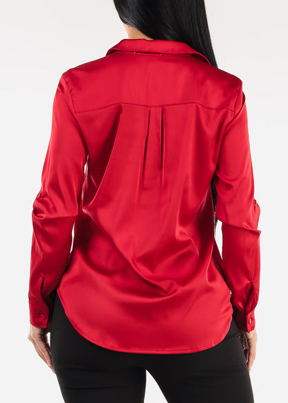 Long Sleeve Button Down Stretch Satin Blouse Red