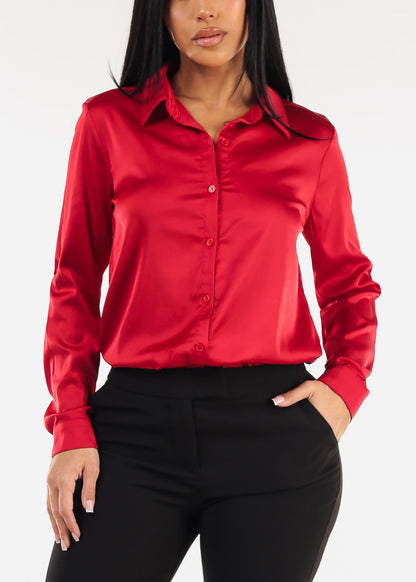 Long Sleeve Button Down Stretch Satin Blouse Red