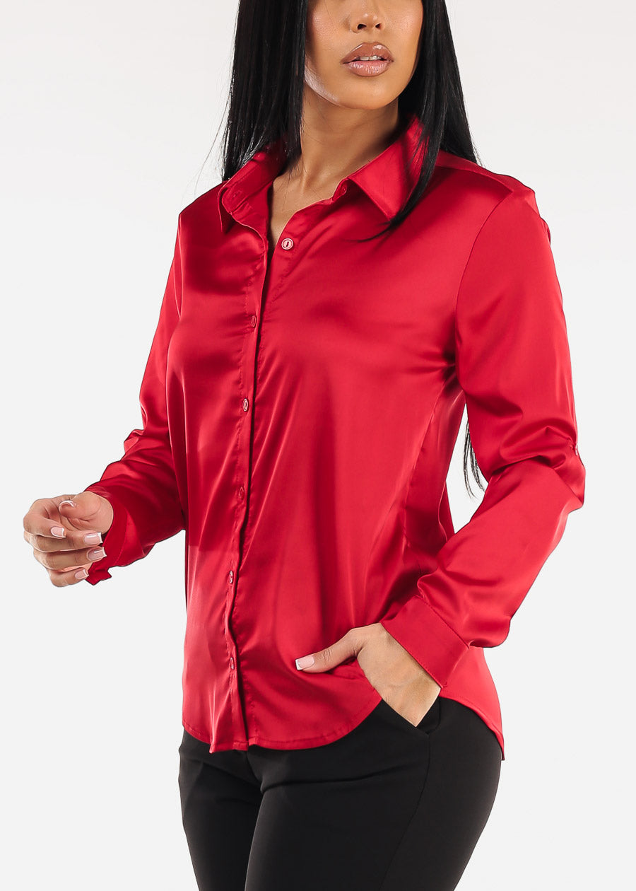Long Sleeve Button Down Stretch Satin Blouse Red