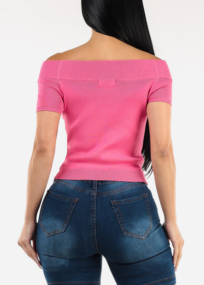 Off Shoulder Stretchy Top Hot Pink