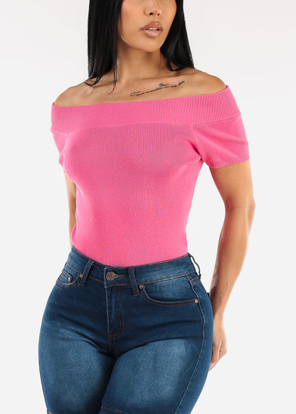 Off Shoulder Stretchy Top Hot Pink