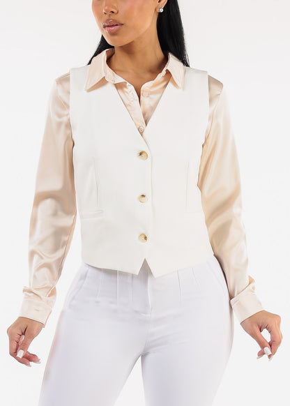 White Sleeveless Vneck Button Up Dressy Vest