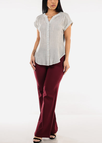 Short Sleeve Vneck High Low Stripe Blouse Ivory